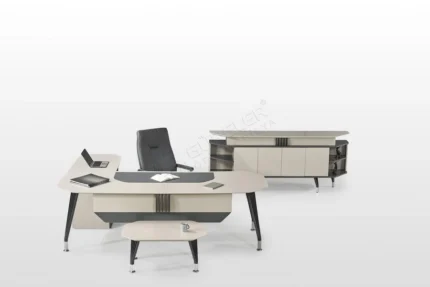 Metal ayaklı modern çalışma masa takımı.