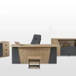 Ahşap yüzeyli modern çalışma masa takımı.