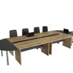 Ahşap yüzeyli ve metal ayaklı toplantı masası.